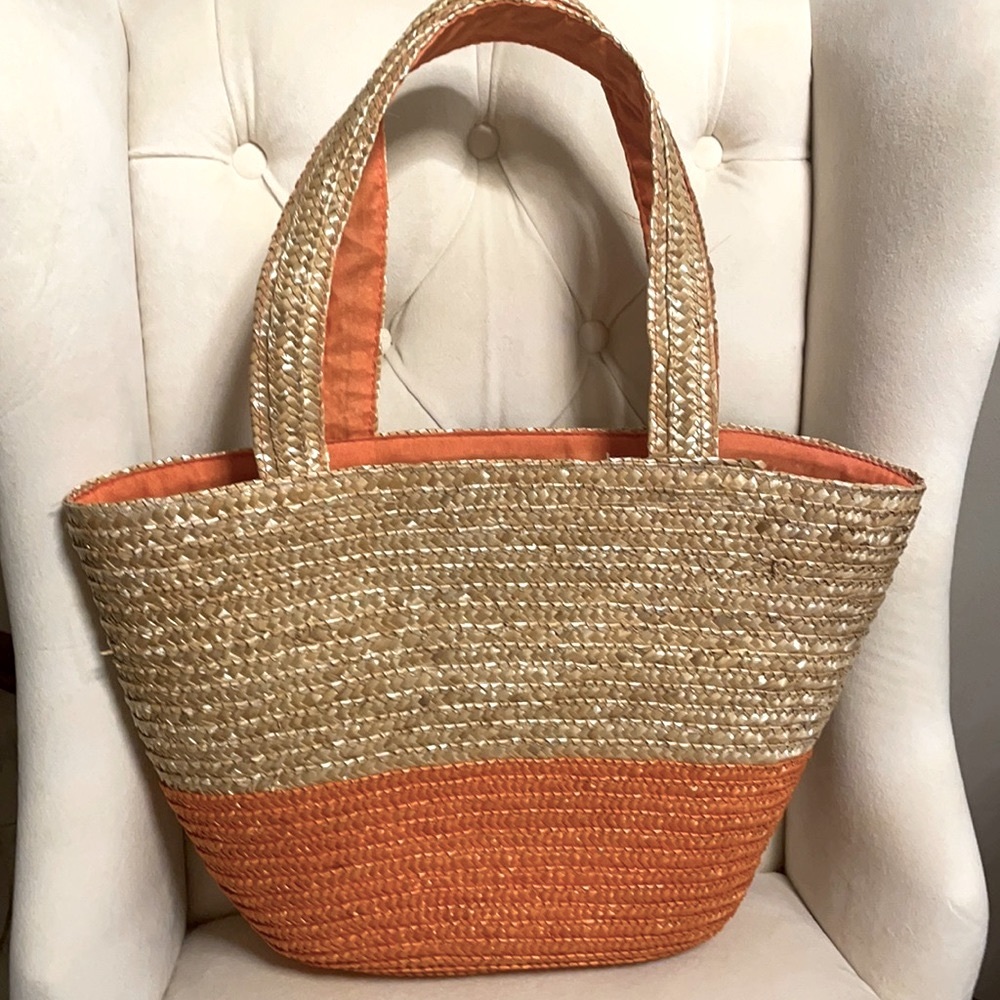 Orange Two-Tone Straw Tote Bag